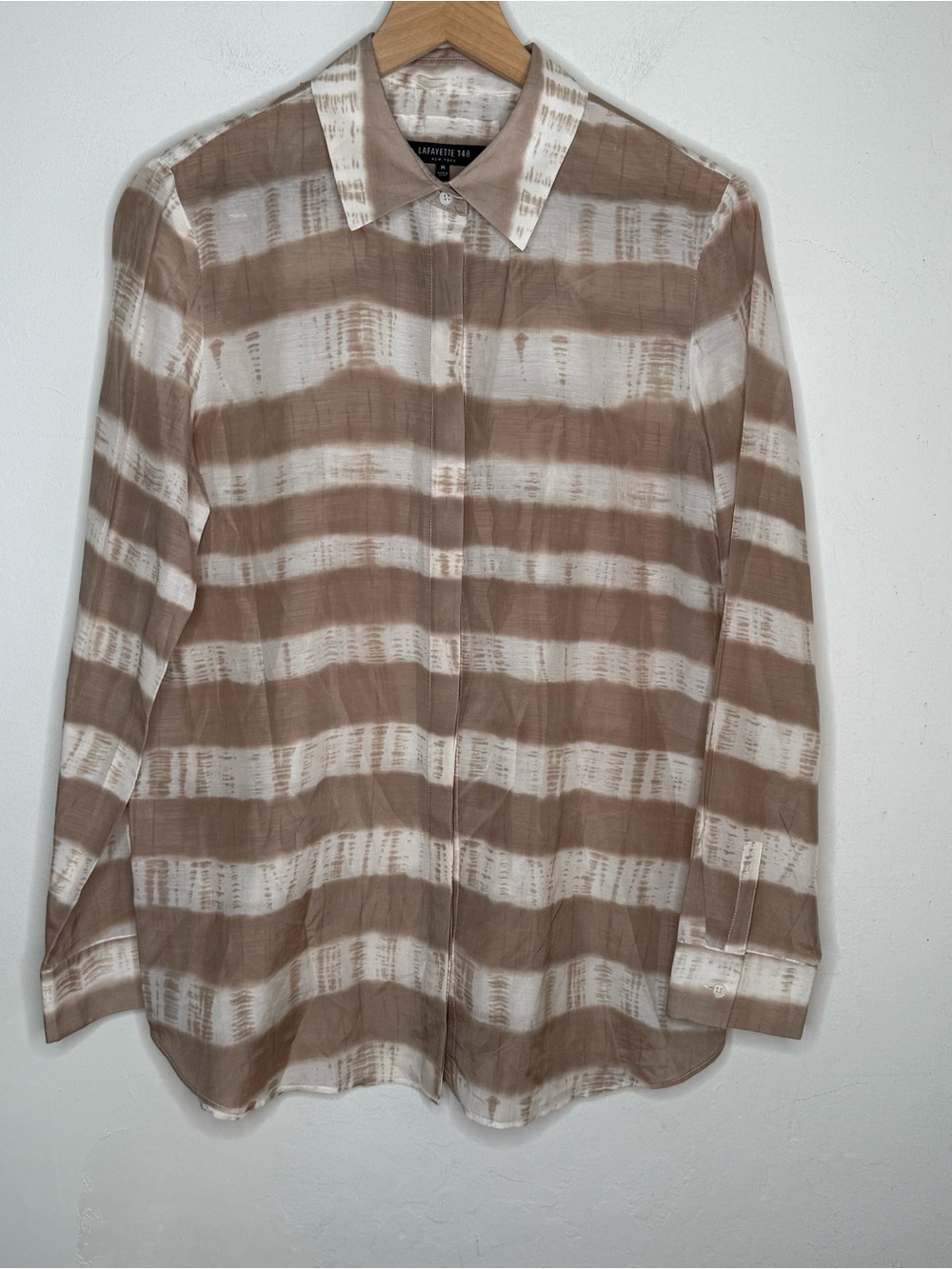 Lafayette 148 Silk Cotton Button Front Blouse Tan Ivory Stripe Size Medium